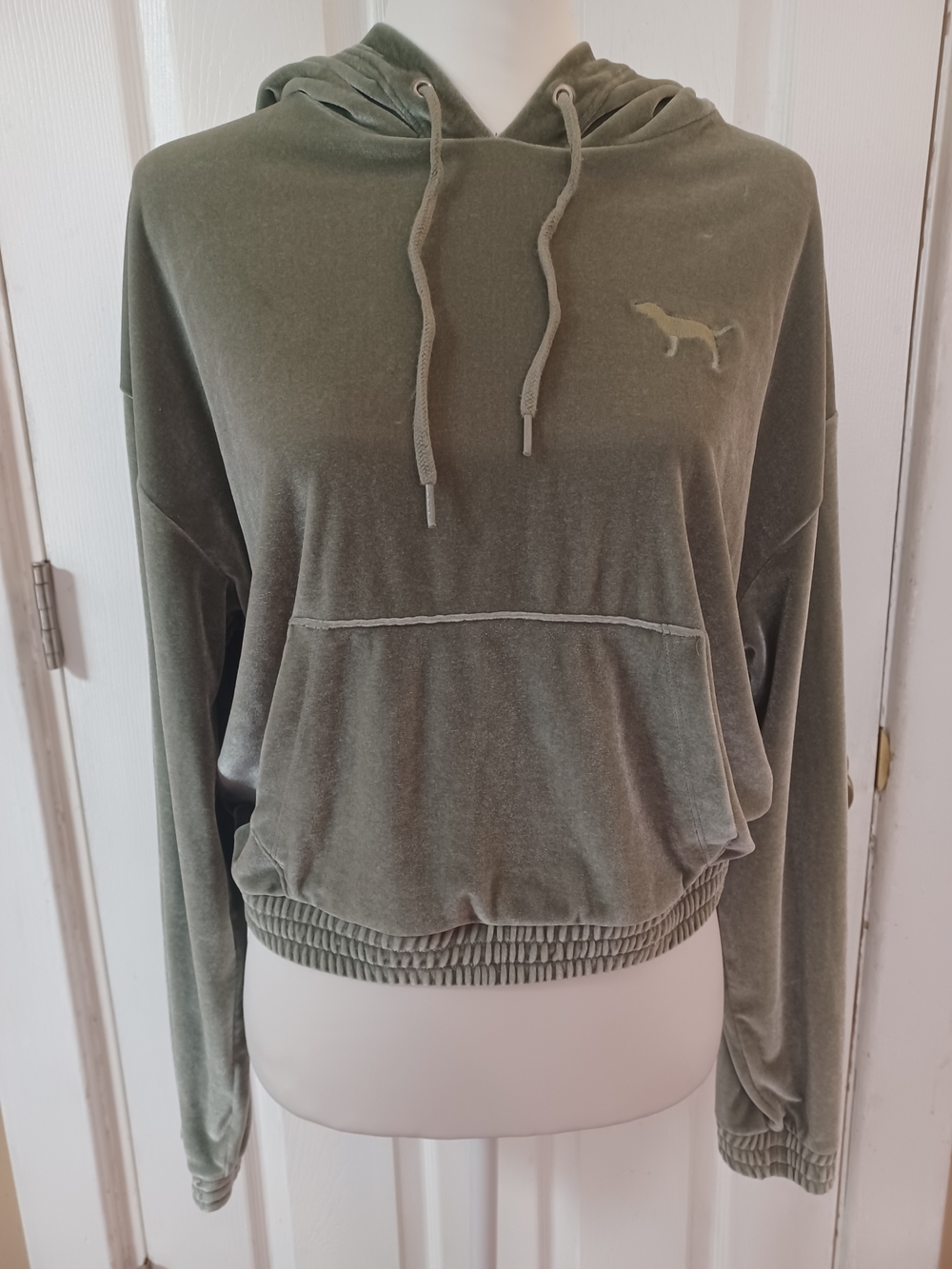 PINK Victoria's Secret Velour Velvet Cropped Hoodie Sage Green Smocked Sz M